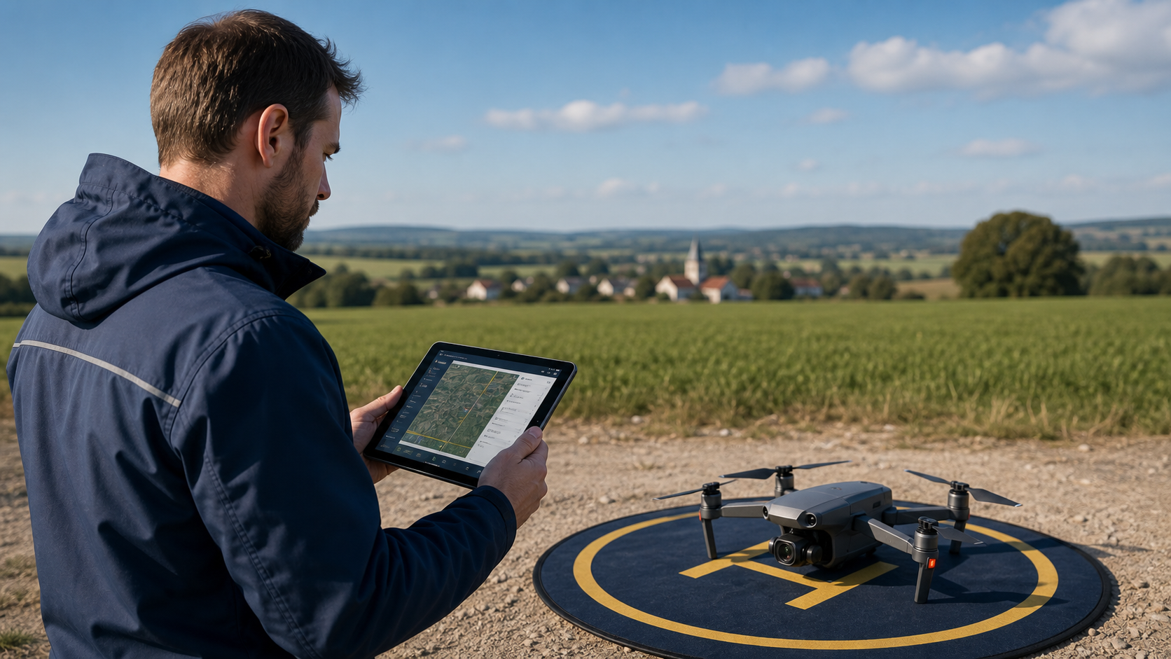Télépilote préparant une mission drone sur le terrain